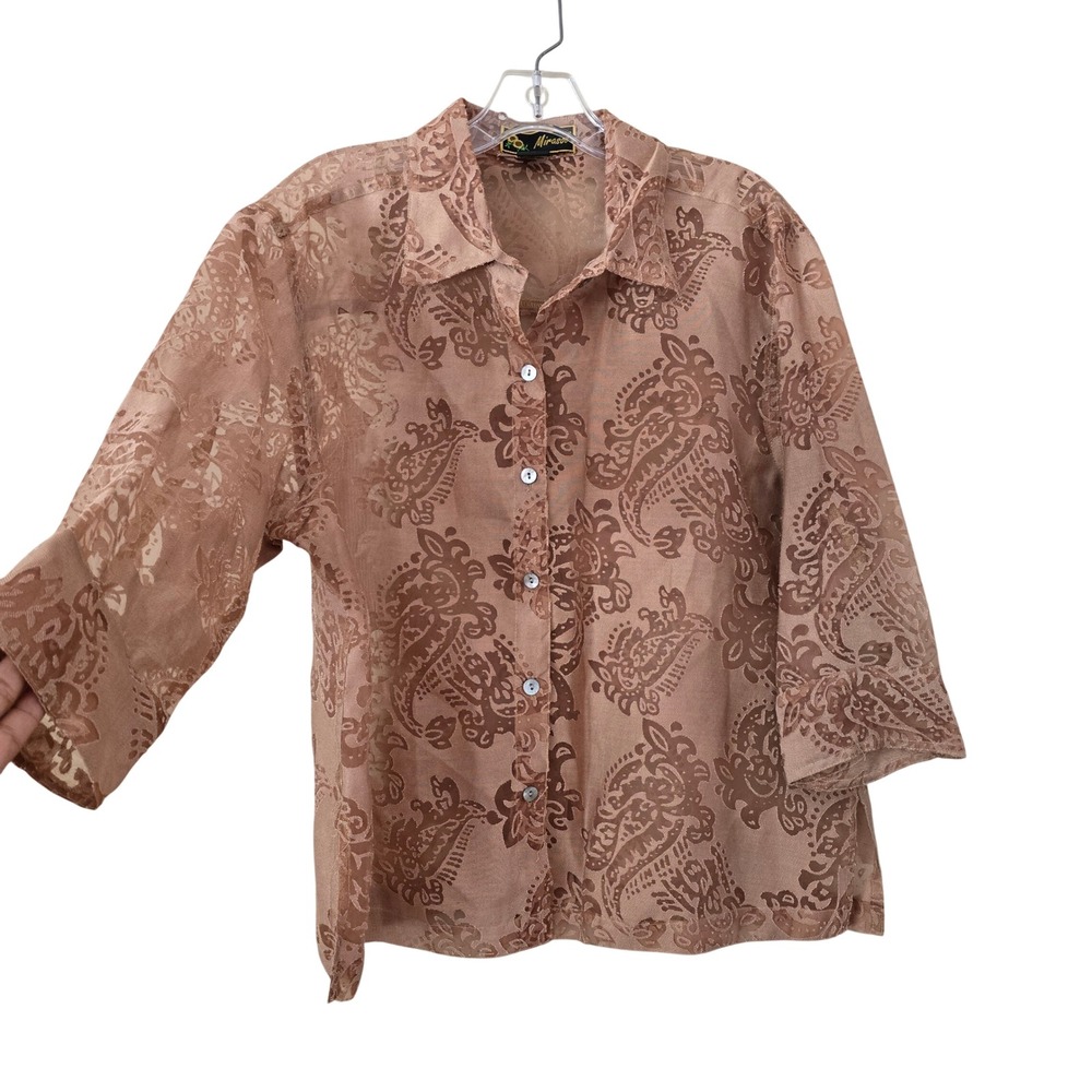 Mirasol Womens Mauve Burnout‎ Paisley Sheer Button Front Blouse 3/4 Sleeve Top L